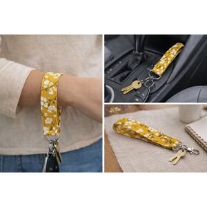 Mustard Yellow Floral Fabric Wristlet Keychain Handmade Cotton Key Fob Strap